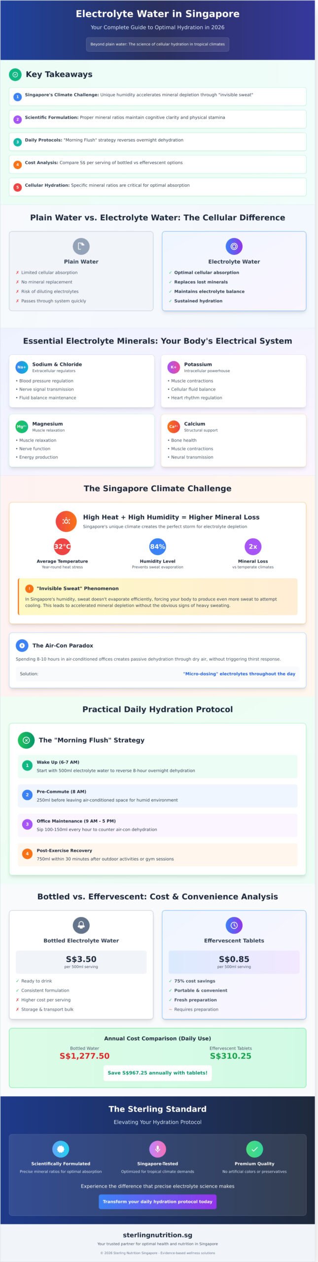 Electrolyte Water in Singapore: The Science of Optimal Hydration (2026 Guide) - Infographic